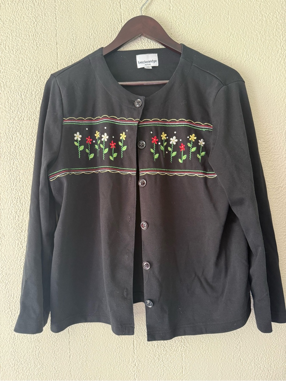 breckenridge Black Button-Front Jacket with Embroidered Floral Band